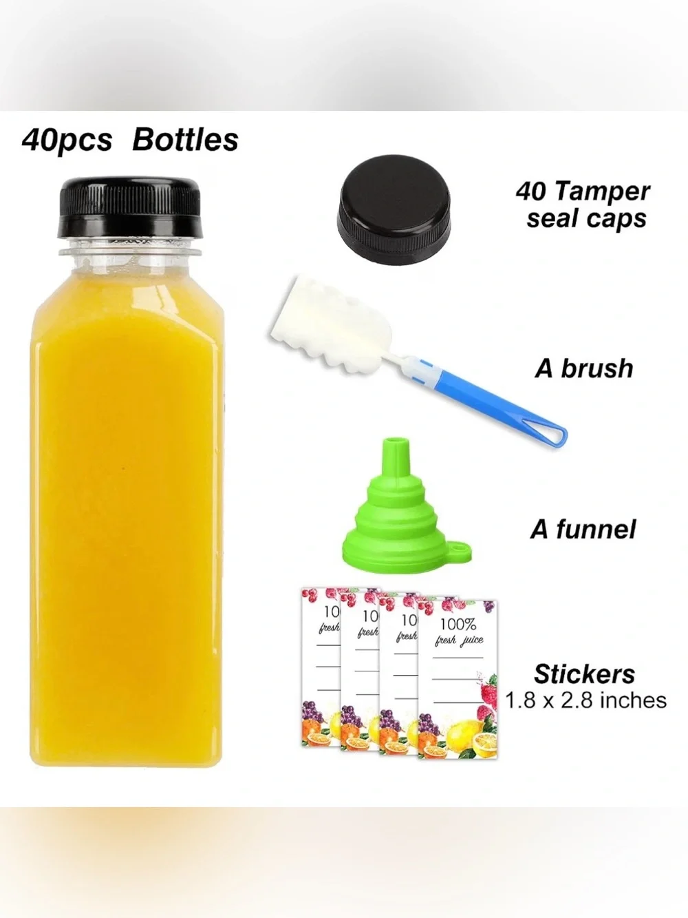 Moretoes 40pcs 12oz Juice Bottles with Caps, Plastic Bottles with Lids